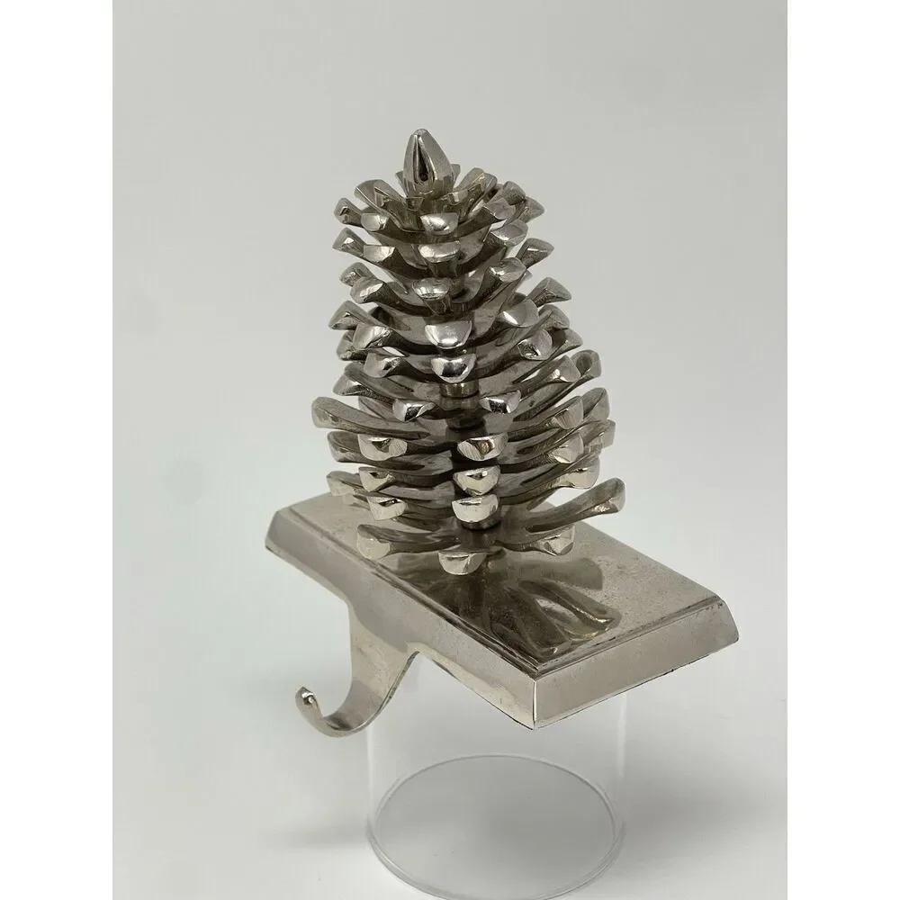 Pine Cone Stocking Holder Hanger Hook Christmas Holiday Chrome Silver Heavy